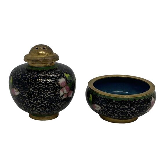Vintage Set Chinese Black Cloisonné Salt Cellar Pepper Shaker Flowers Design - Picture 7 of 16